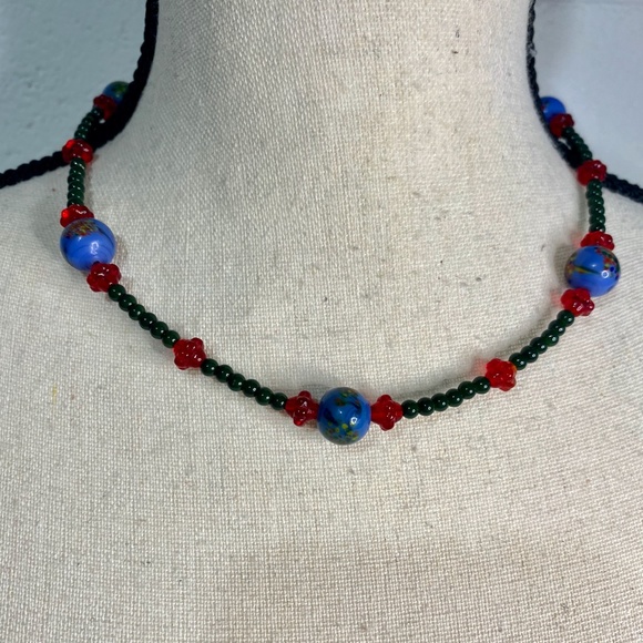 Floral Blue Bead with Red & Green Accents Beaded Necklace - Picture 1 of 6